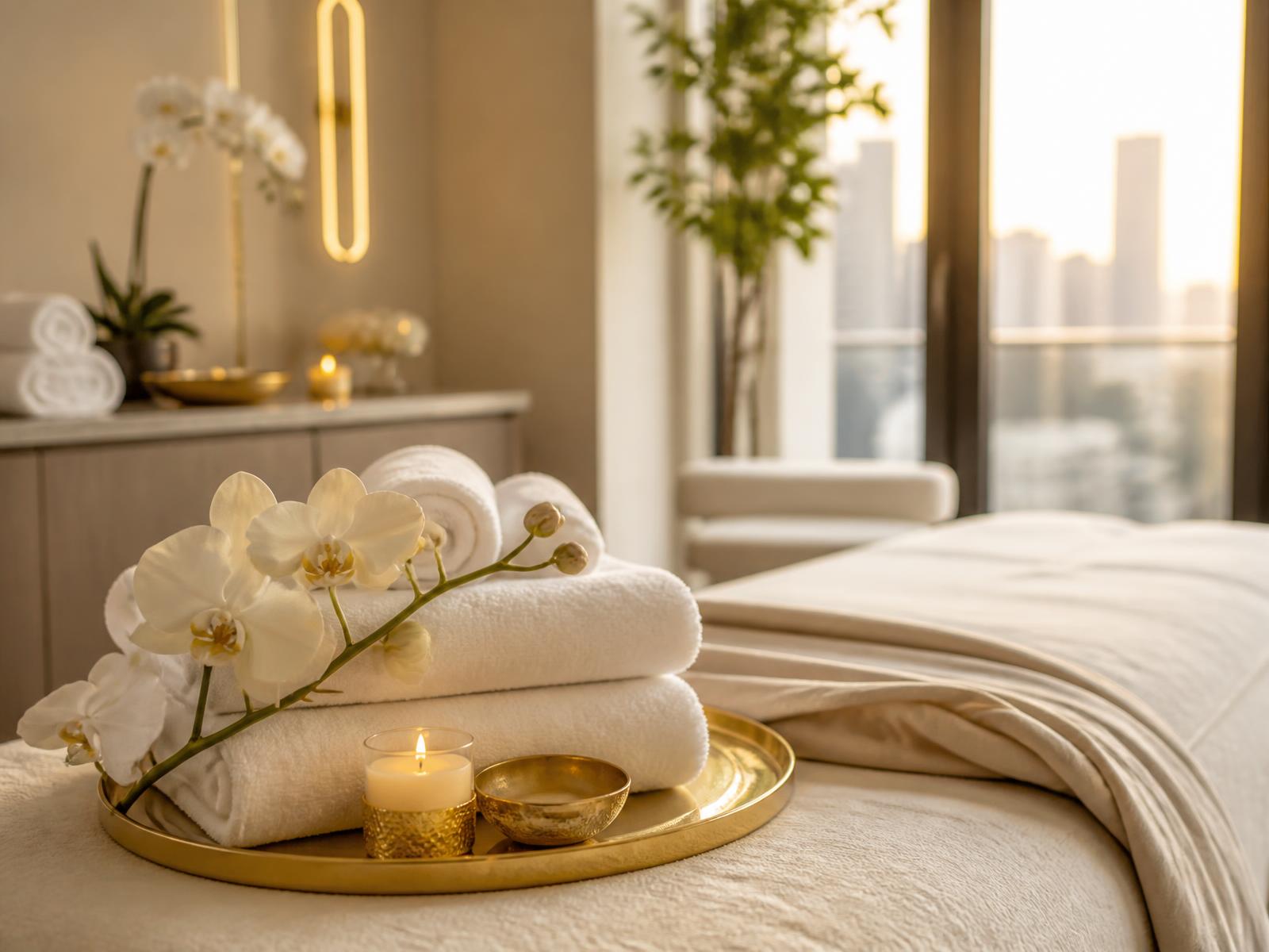 Maca de massagem preparada com toalhas brancas, orquídea e velas em ambiente residencial sofisticado